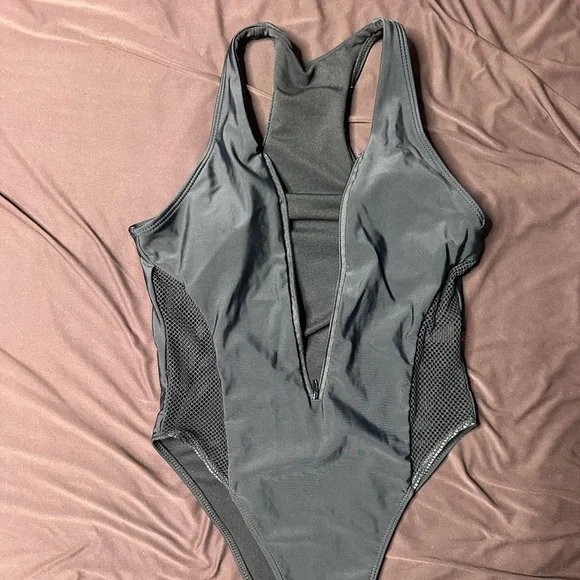 Black One-Piece Zip Up Swimsuit with Mesh Accents - Picture 7 of 13